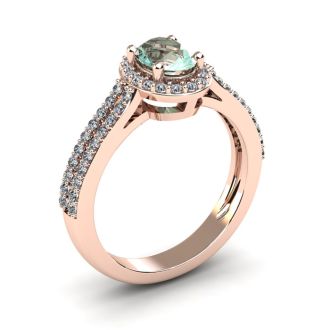 1 Carat Oval Shape Green Amethyst and Halo Diamond Ring In 14 Karat Rose Gold