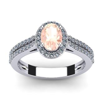 1-1/4 Carat Oval Shape Morganite and Halo Diamond Ring In 14 Karat White Gold