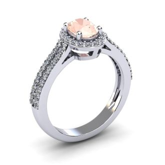 1-1/4 Carat Oval Shape Morganite and Halo Diamond Ring In 14 Karat White Gold