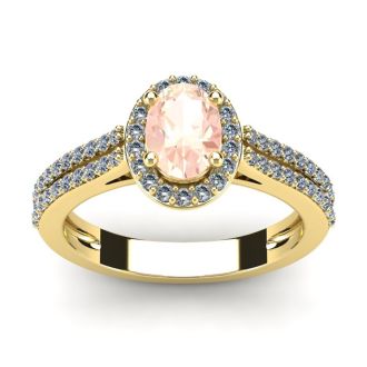 1-1/4 Carat Oval Shape Morganite and Halo Diamond Ring In 14 Karat Yellow Gold