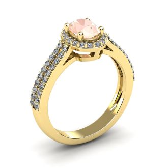 1-1/4 Carat Oval Shape Morganite and Halo Diamond Ring In 14 Karat Yellow Gold