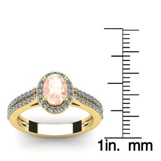 1-1/4 Carat Oval Shape Morganite and Halo Diamond Ring In 14 Karat Yellow Gold