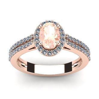 1-1/4 Carat Oval Shape Morganite and Halo Diamond Ring In 14 Karat Rose Gold