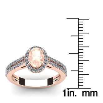 1 1/4 Carat Oval Shape Morganite and Halo Diamond Ring In 14 Karat Rose Gold