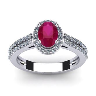 1 1/3 Carat Oval Shape Ruby and Halo Diamond Ring In 14 Karat White Gold