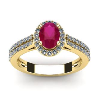 1 1/3 Carat Oval Shape Ruby and Halo Diamond Ring In 14 Karat Yellow Gold