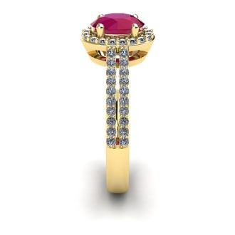 1 1/3 Carat Oval Shape Ruby and Halo Diamond Ring In 14 Karat Yellow Gold