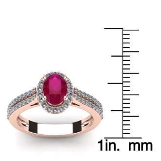 1 1/3 Carat Oval Shape Ruby and Halo Diamond Ring In 14 Karat Rose Gold