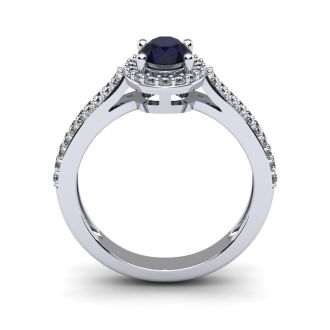 1 1/2 Carat Oval Shape Sapphire and Halo Diamond Ring In 14 Karat White Gold