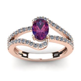 1 Carat Oval Shape Amethyst and Fancy Diamond Ring In 14 Karat Rose Gold