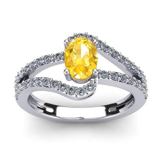 1 Carat Oval Shape Citrine and Fancy Diamond Ring In 14 Karat White Gold