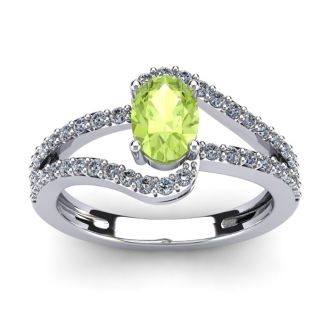 1 1/3 Carat Oval Shape Peridot and Fancy Diamond Ring In 14 Karat White Gold