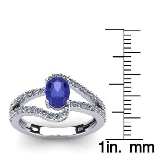 1 1/3 Carat Oval Shape Tanzanite and Fancy Diamond Ring In 14 Karat White Gold