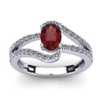 Garnet Ring: Garnet Jewelry: 1 1/2 Carat Oval Shape Garnet and Fancy Diamond Ring In 14 Karat White Gold