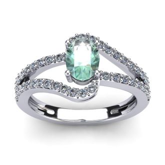 1 Carat Oval Shape Green Amethyst and Fancy Diamond Ring In 14 Karat White Gold