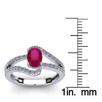 1 1/3 Carat Oval Shape Ruby and Fancy Diamond Ring In 14 Karat White Gold