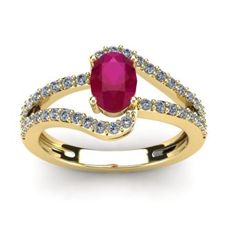 1 1/3 Carat Oval Shape Ruby and Fancy Diamond Ring In 14 Karat Yellow Gold
