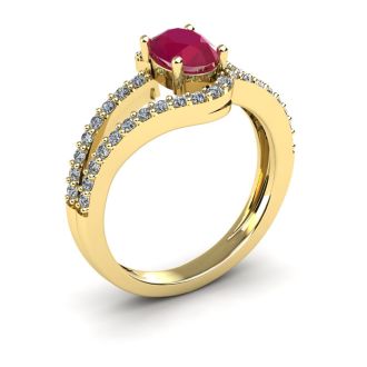 1 1/3 Carat Oval Shape Ruby and Fancy Diamond Ring In 14 Karat Yellow Gold