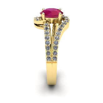 1 1/3 Carat Oval Shape Ruby and Fancy Diamond Ring In 14 Karat Yellow Gold