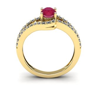 1 1/3 Carat Oval Shape Ruby and Fancy Diamond Ring In 14 Karat Yellow Gold