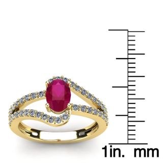 1 1/3 Carat Oval Shape Ruby and Fancy Diamond Ring In 14 Karat Yellow Gold