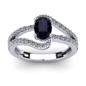 1 1/2 Carat Oval Shape Sapphire and Fancy Diamond Ring In 14 Karat White Gold