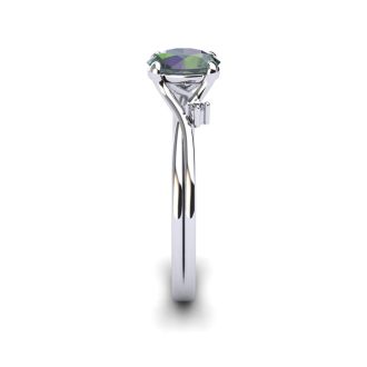 1/2 Carat Oval Shape Mystic Topaz Ring With Two Diamonds In 14 Karat White Gold