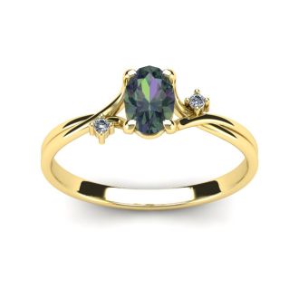 1/2 Carat Oval Shape Mystic Topaz Ring With Two Diamonds In 14 Karat Yellow Gold