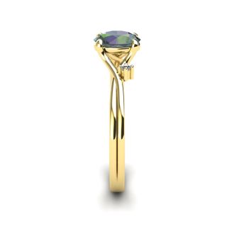 1/2 Carat Oval Shape Mystic Topaz Ring With Two Diamonds In 14 Karat Yellow Gold