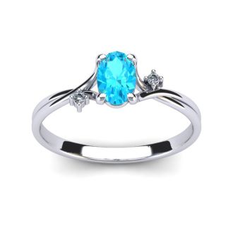 Aquamarine Ring: Aquamarine Jewelry: 1/2 Carat Oval Shape Aquamarine and Two Diamond Accent Ring In 14 Karat White Gold