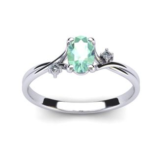 1/2 Carat Oval Shape Green Amethyst and Two Diamond Accent Ring In 14 Karat White Gold