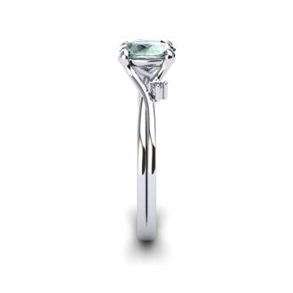 1/2 Carat Oval Shape Green Amethyst and Two Diamond Accent Ring In 14 Karat White Gold