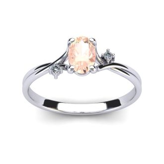 1/2 Carat Oval Shape Morganite and Two Diamond Accent Ring In 14 Karat White Gold