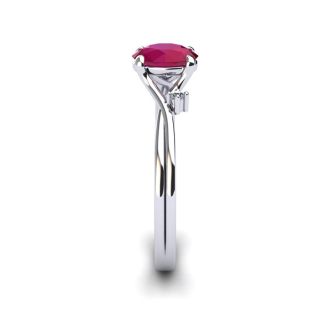 1/2 Carat Oval Shape Ruby and Two Diamond Accent Ring In 14 Karat White Gold
