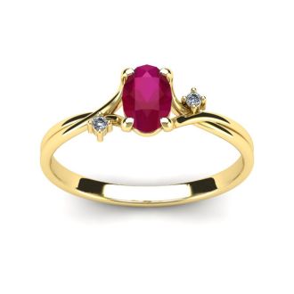 1/2 Carat Oval Shape Ruby and Two Diamond Accent Ring In 14 Karat Yellow Gold
