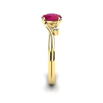 1/2 Carat Oval Shape Ruby and Two Diamond Accent Ring In 14 Karat Yellow Gold