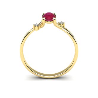 1/2 Carat Oval Shape Ruby and Two Diamond Accent Ring In 14 Karat Yellow Gold