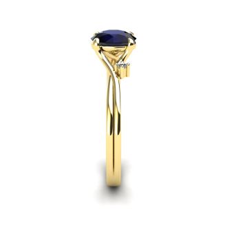 1/2 Carat Oval Shape Sapphire and Two Diamond Accent Ring In 14 Karat Yellow Gold