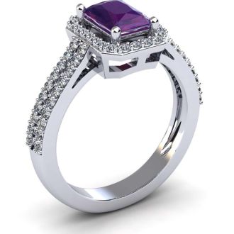 1 1/3 Carat Amethyst and Halo Diamond Ring In 14 Karat White Gold