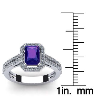 1 1/3 Carat Amethyst and Halo Diamond Ring In 14 Karat White Gold