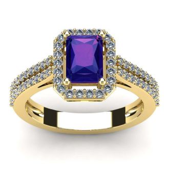 1 1/3 Carat Amethyst and Halo Diamond Ring In 14 Karat Yellow Gold