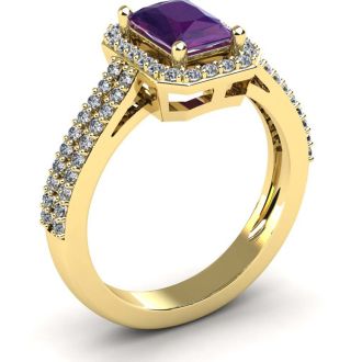 1 1/3 Carat Amethyst and Halo Diamond Ring In 14 Karat Yellow Gold