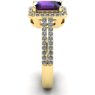 1 1/3 Carat Amethyst and Halo Diamond Ring In 14 Karat Yellow Gold