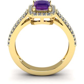 1 1/3 Carat Amethyst and Halo Diamond Ring In 14 Karat Yellow Gold