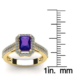 1 1/3 Carat Amethyst and Halo Diamond Ring In 14 Karat Yellow Gold