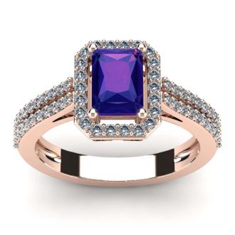 1 1/3 Carat Amethyst and Halo Diamond Ring In 14 Karat Rose Gold