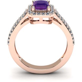 1 1/3 Carat Amethyst and Halo Diamond Ring In 14 Karat Rose Gold