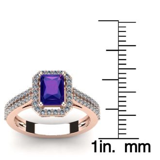 1 1/3 Carat Amethyst and Halo Diamond Ring In 14 Karat Rose Gold