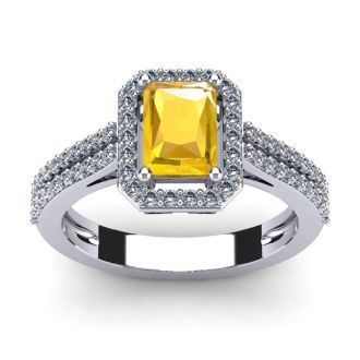 1 1/3 Carat Citrine and Halo Diamond Ring In 14 Karat White Gold