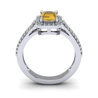 1 1/3 Carat Citrine and Halo Diamond Ring In 14 Karat White Gold